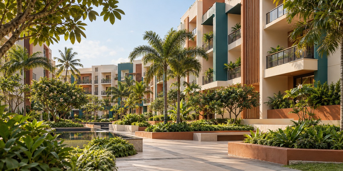 Illustrative apartment community with a landscaped courtyard