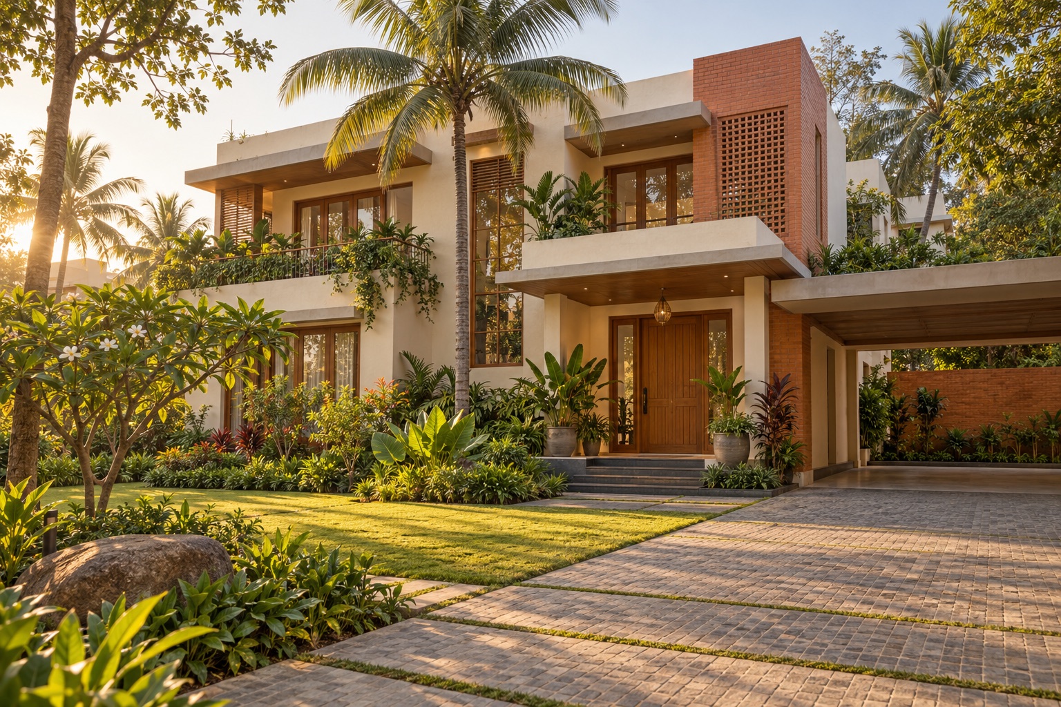 Illustrative contemporary home with a landscaped courtyard