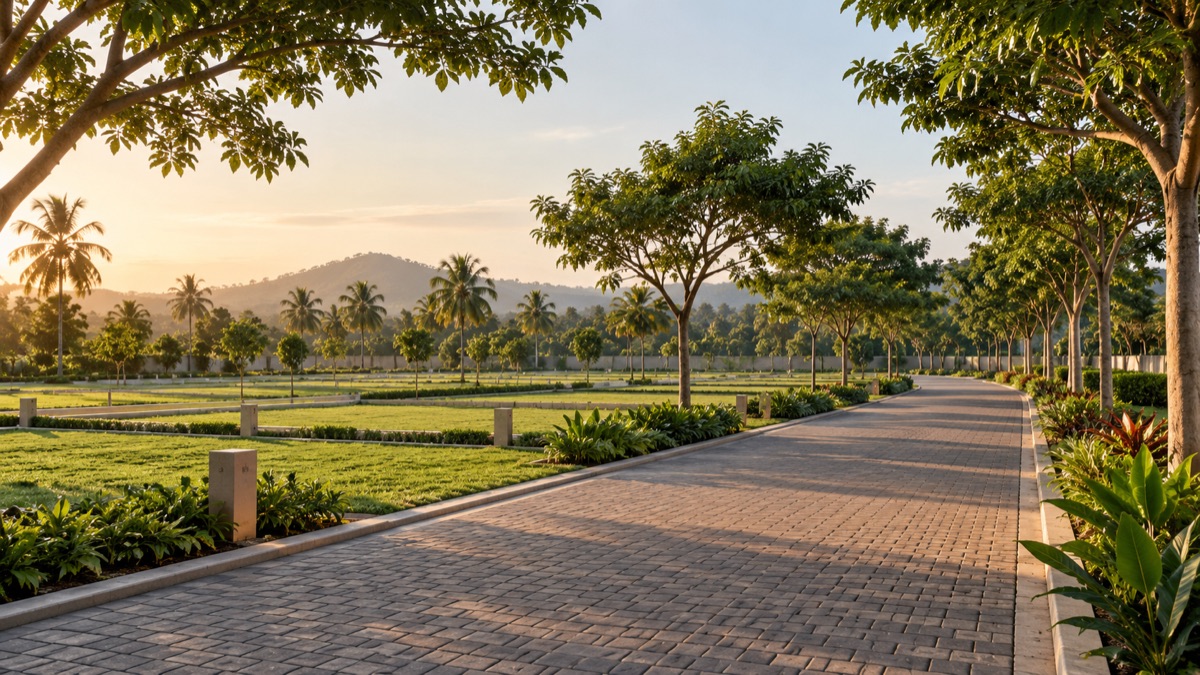 Illustrative residential plots beside a tree-lined road